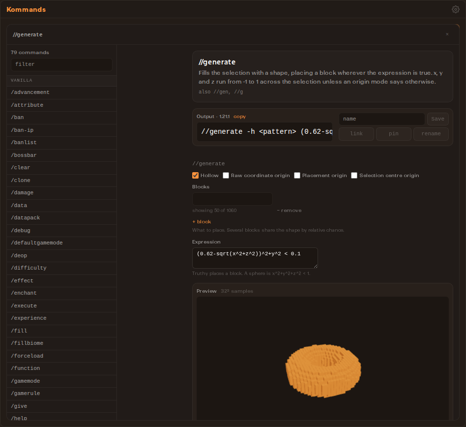 Kommands' editor for WorldEdit's //generate: the command list, the assembled command, and a 3D preview of the shape an expression describes.