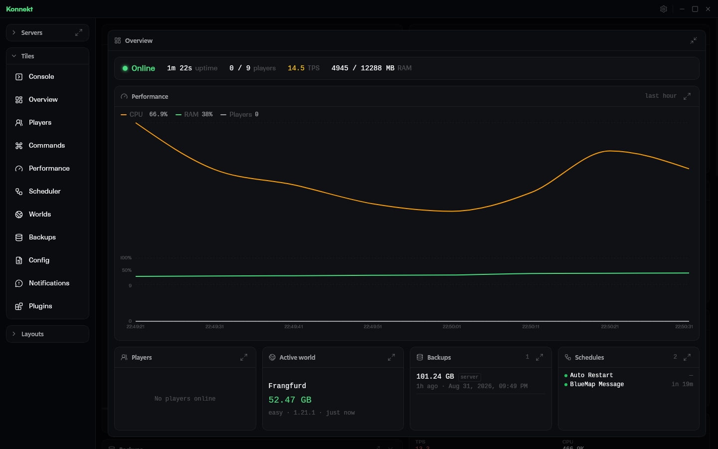 Konnekt's dashboard: a grid of tiles over one server, among them the live console, server stats and performance history.
